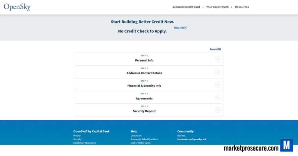 Picture of OpenSky Secured Card Application page