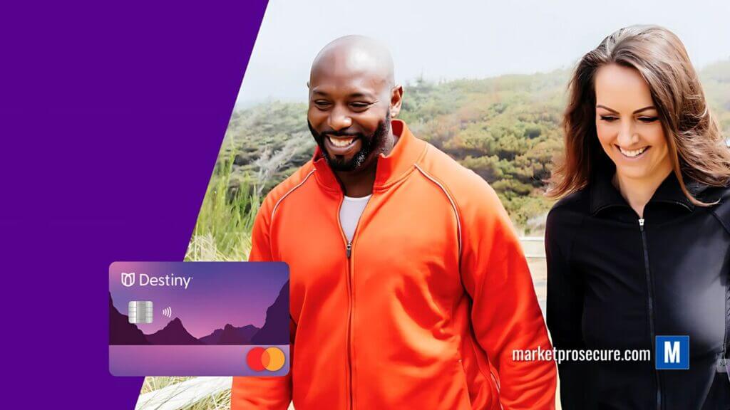 Smiling couple walking outdoors with Destiny Mastercard branding
