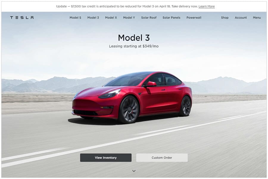 Tesla's website design for the Model 3.