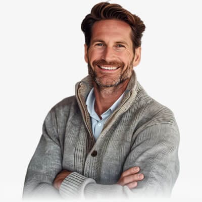 A confident man with short brown hair and a beard smiles warmly, arms crossed. His professional attire - a gray, ribbed cardigan over a light blue shirt—conveys Market Pro Secure’s essence of trust and expertise. The plain white backdrop enhances his air of reliability, perfectly aligning with the personal finance website’s commitment to professionalism.