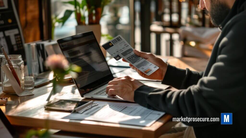 A person reviewing a credit card statement at a well-lit desk, using a laptop and smartphone to manage finances effectively. Smart credit habits prevent costly mistakes.
