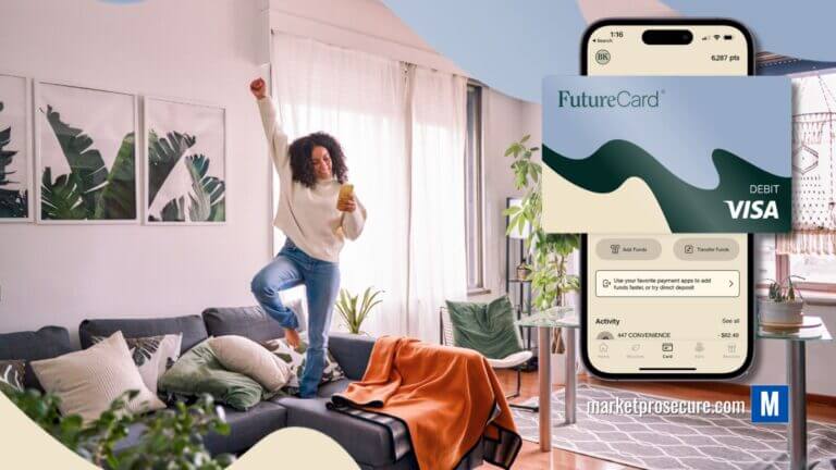 A happy woman celebrating while using the FutureCard Debit Card app on her smartphone, with a digital FutureCard card displayed. Earn 5-10% cashback, enjoy zero fees, and 4.10% APY while making sustainable purchases.